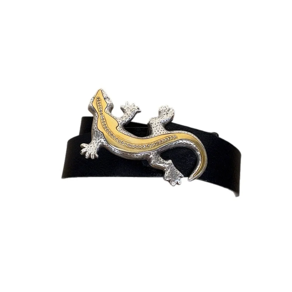 Vintage Chicos Black Leather Gecko Belt Womens Size S/M‎ Silver Gold Embellished